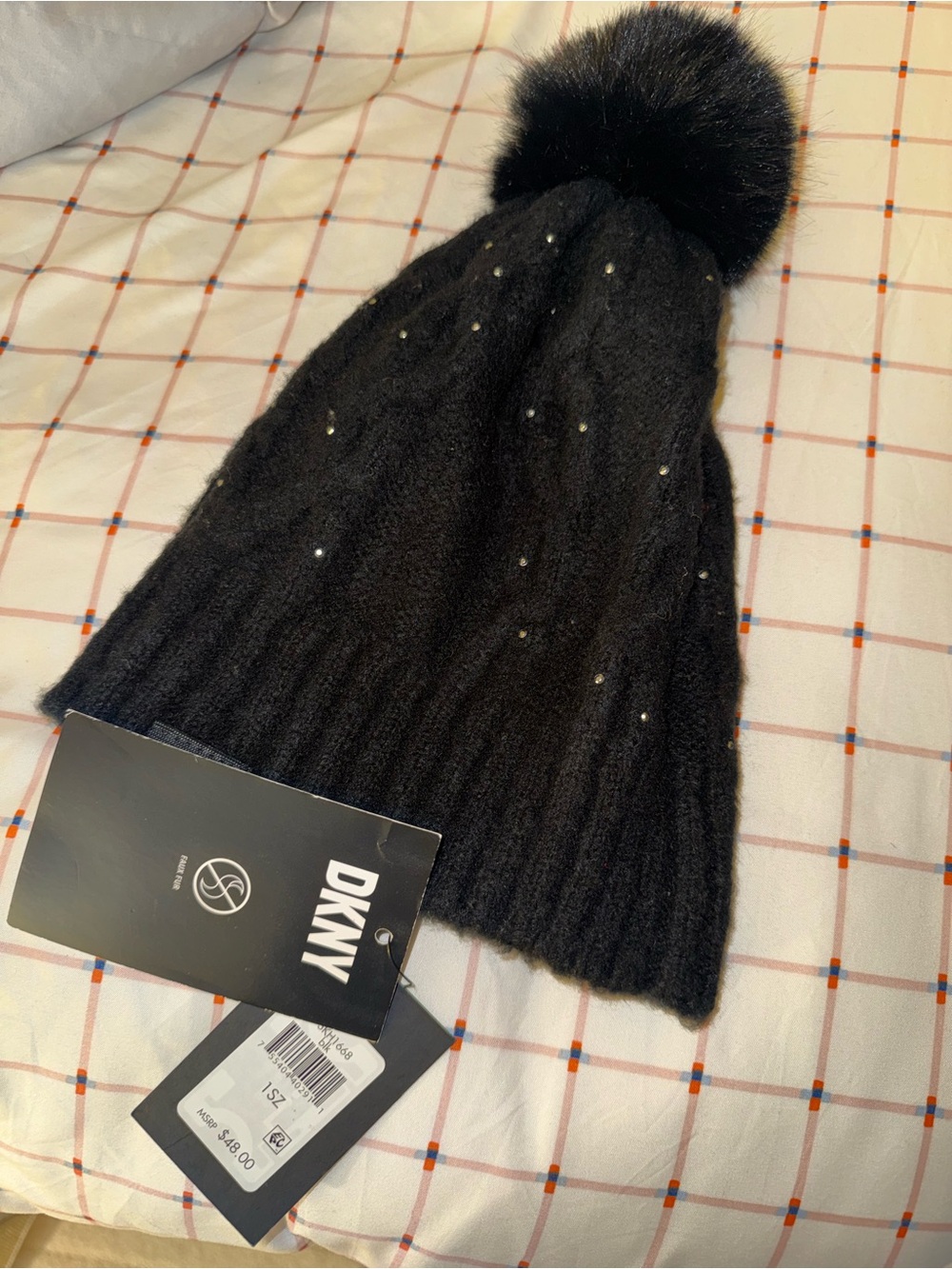 DKNY Black Knit Beanie with Pom-Pom and Crystal Accents